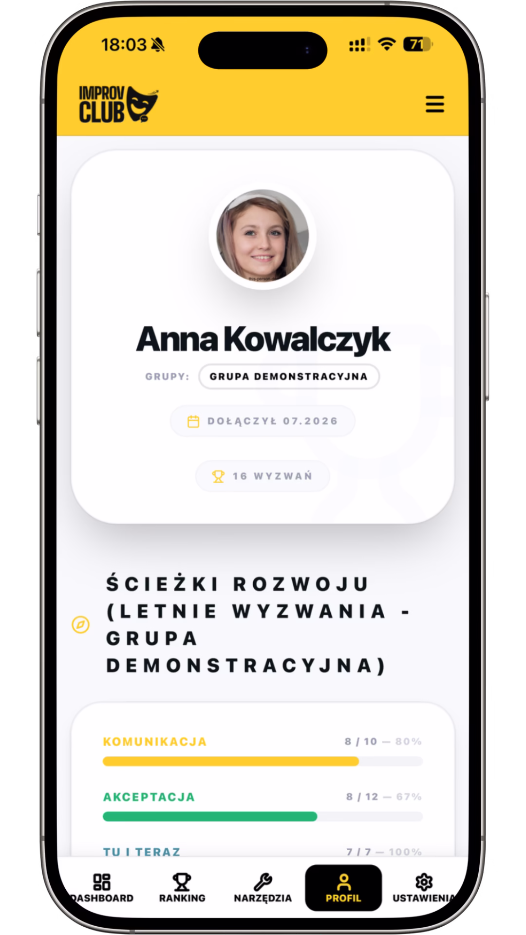aplikacja do achievementow improv club - profil uzytkownika